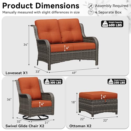 Image of 5 Piece Outdoor Wicker Patio Furniture Set, Outdoor Swivel Rocker Patio Chairs Set with Thickened Olefin Cushions, High Back and Deep Seating, Hand-Woven PE Rattan for Porch, Deck