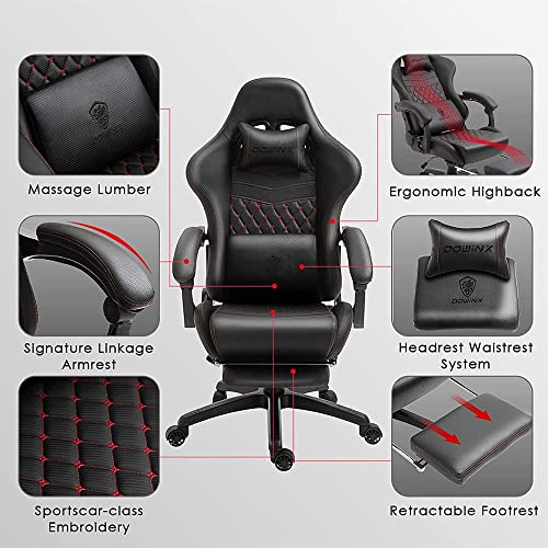 Dowinx Gaming Chair Office Chair Pc Chair With Massage Lumbar Support, Racing Style Pu Leather High Back Adjustable Swivel Task Chair With Footrest (Black&Red) #TOP2