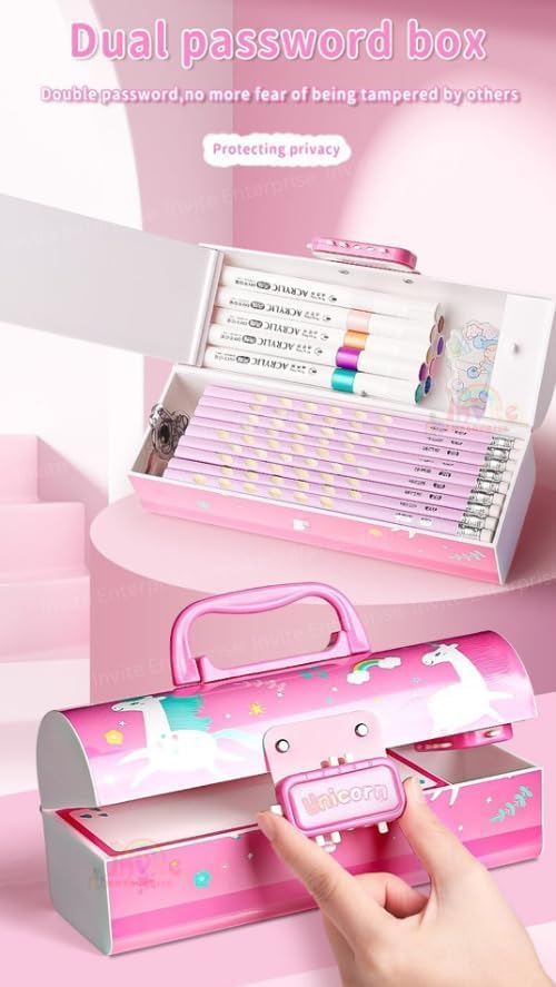 Image of Invite New Cartoon Theme Pencil Box with Push Pull Eraser Set for Kids | Suitcase Style Password Lock Stationery Organizer | School Supplies Gift Combo for Boys & Girls (Blue Unicorn + Eraser)