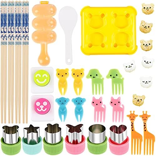 Rice Ball Molds Sushi Rice Decorating Mold with 1 PCS Rice Ball Maker Shake 1 PCS Mini Bear Rice Ball Mold 6 PCS Vegetable Cutters Shapes Set 10 Animal Food Picks 4 Blue and White Porcelain Chopsticks