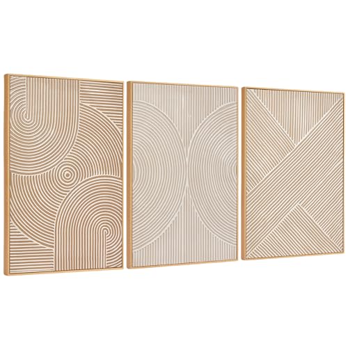 Image of Zessonic Neutral Minimalist Textured 3D Wall Art Abstract Hand-Painted Framed Wall Decor Geometric Artwork Canvas Paintings- Living Room Bedroom Office - Modern Boho Neutral Line 16 inchx24 inch 3 piece