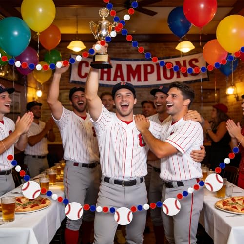 Image of 3 Pcs Baseball Decorations Baseball Felt Garlands Pre-Strung Hanging Banner Red Blue White Pom Pom Happy Party Supplies for Baby Shower Birthday Party