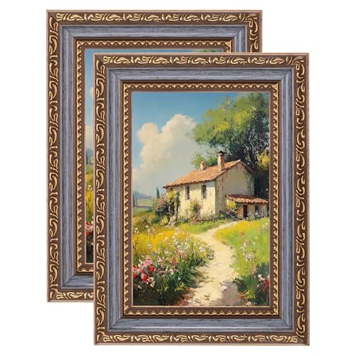 Image of eletecpro 4x6 Vintage Picture Frame, Glass Cover, Blue Gold, 2-Pack | Display Photo 3.5x5 with Mat or 4x6 without, Horizontal or Vertical, Tabletop or Wall Decor
