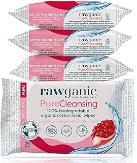 RAWGANIC Pure Cleansing Anti-aging Facial Wipes with Pomegranate and Aloe Vera | Gentle Hydrating Biodegradable Makeup Removal Wipes | Organic Cotton Face Wipes | 4 Packs (100 wipes in total)