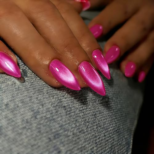 JOYVVEW Cat Eye Press on Nails Almond - Hot Pink Press On Nails Stiletto Glazed Medium Fake Nails with Shiny Glitter Finish Reusable Fushia Stick On Nails for Women Summer Party 30 Pcs 15 Sizes