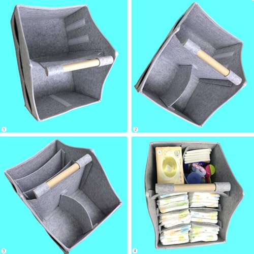 Image of Baby diaper caddy organizer, car felt caddy, baby product storage basket, solid wood handle, detachable partition storage basket for daycare,Best Gift Basket for Babies (grey)