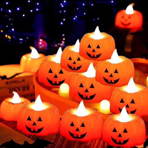Candela Halloween Zucca 12 Pezzi, Candela LED Senza Fiamme Zucca Tealight, Halloween Pumpkin Lights, per Halloween, Ringraziamento, ​Natale e Decorazioni Natalizie