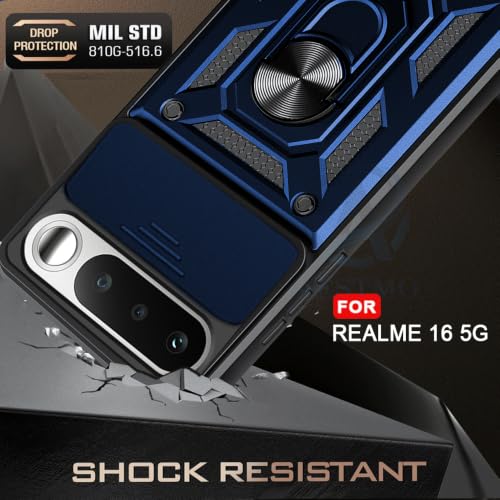 Image of AESTMO Tough Armor Realme 16 5G Bumper Back Case Cover | Ring Holder & Sliding Camera Shield Cover | 360 Degree Protection Back Case Cover for Realme 16 5G (Blue)