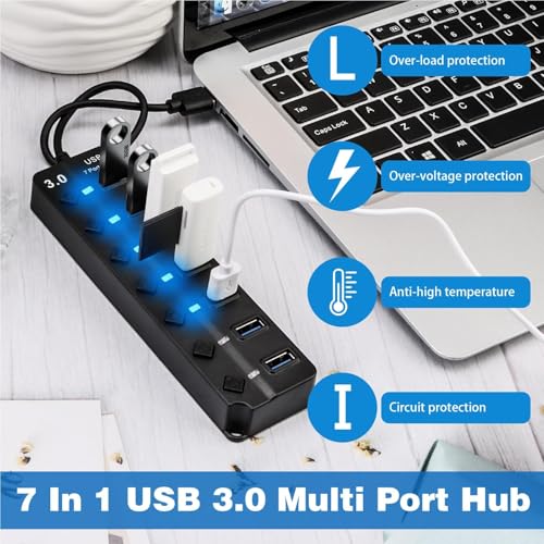 7-Port USB 3.0 Hub, 5Gbps Multiport Splitter with Individual Power Switches and LED Lights, High-Speed Powered Hub Extension Adapter for PC, Laptop, Printer, Xbox