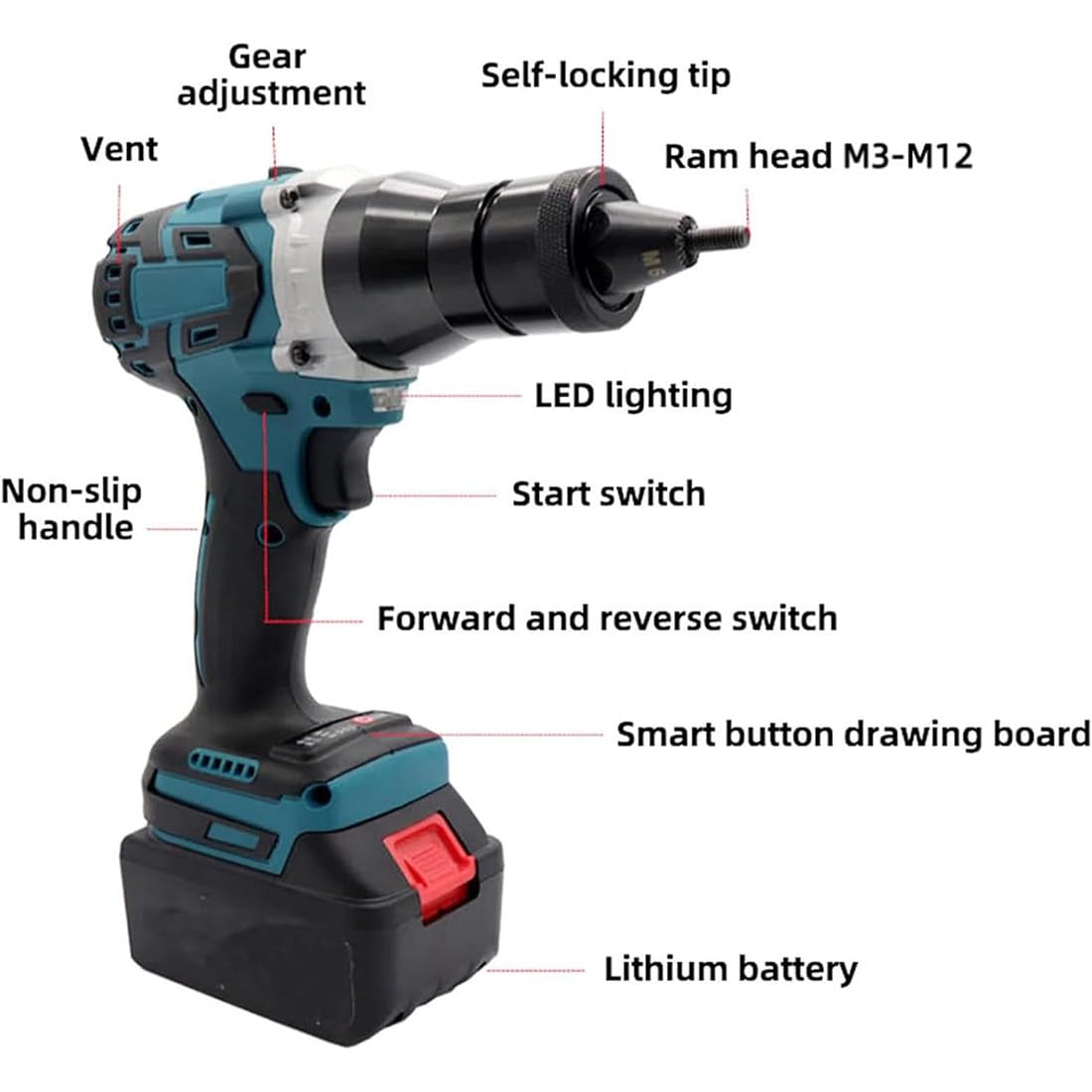 Herramienta Remachado De Tuercas Inalámbrica, Máquina Tuercas De Remachado Eléctrica Automática 21V con Batería, Pistola De Tuercas De Remache Automática, con Luz LED 1Battery-5200mAh