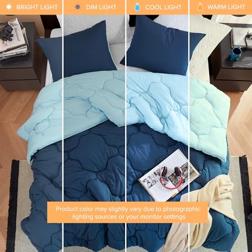 Image of Comfort Spaces Queen Comforter Set Vibrant Reversible Comforters Queen Size Quilted Bedding Set, All Season Lightweight Bedding, Soft Microfiber Comforter, Vixie, Navy /Light Blue Full /Queen 3 Piece
