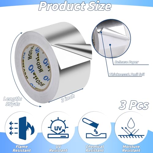 Image of Oleitodh 3 Pack Aluminum Foil Tape Bulk - 3 Inch x 55 Yards - 2.7mil Heavy Duty Metal Duct Tape, Aluminum HVAC Tape for Sealing & Patching, Air Ducts, Insulation Metal Repair, Professional Grade