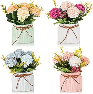 Artificial Flowers in Vase Decoration: Blosmon 4Pcs Fake Flower with Vases for Table Decorations Small Plastic Floral Arrangements Indoor Room Window Desk Centrepiece Silk Plant Bouquet Decor