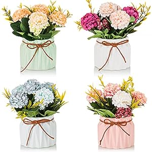 BLOSMON Petites Fleur Artificielle avec Vase 4 Pièces Fleurs Artificielles pour Table Salon Deco Fausse Flowers Hortensia Bouquet pour Décoration Chemin de Table Maison Anniversaire Fête Bureau
