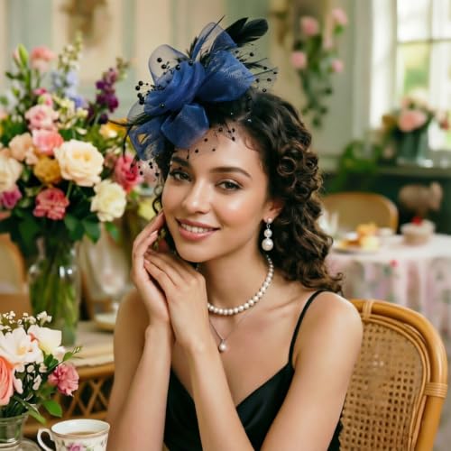 Image of DRESHOW Fascinators Hat Flower Mesh Ribbons Feathers on a Headband and a Clip Tea Party Headwear for Girls and Women