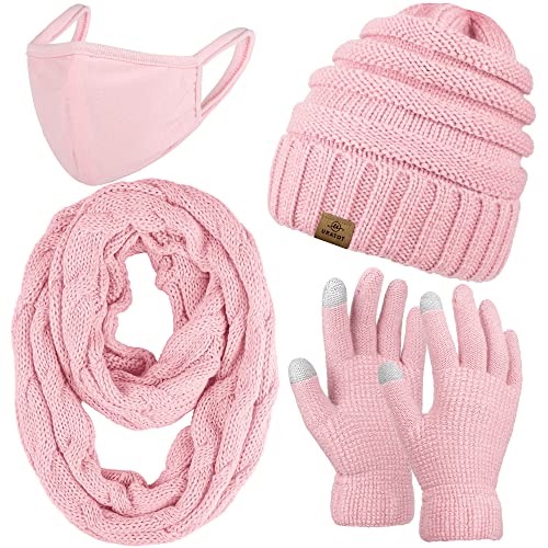 URATOT Winter Knitted Warm Set Infinity Scarf and Beanie Hat Touch Screen Gloves Winter Gifts for Men and Women