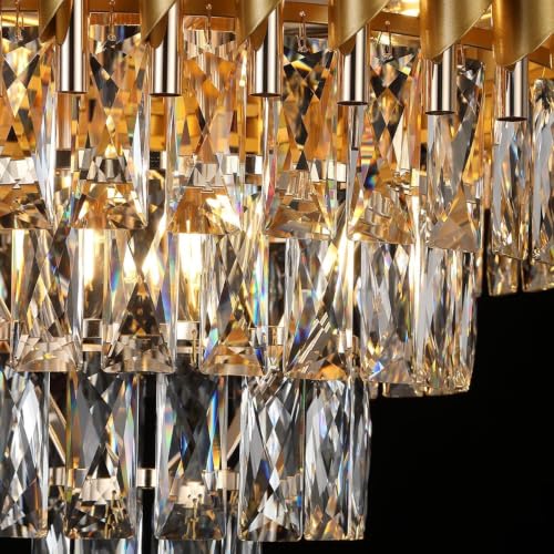 Image of Modern Ceiling Lamp 3-Tier Round Crystal Chandelier for Living Room | Bluetooth Remote Control and Moving Round| Speaker+ Multi Color LED Light (Remote Full Gold, 400MM)