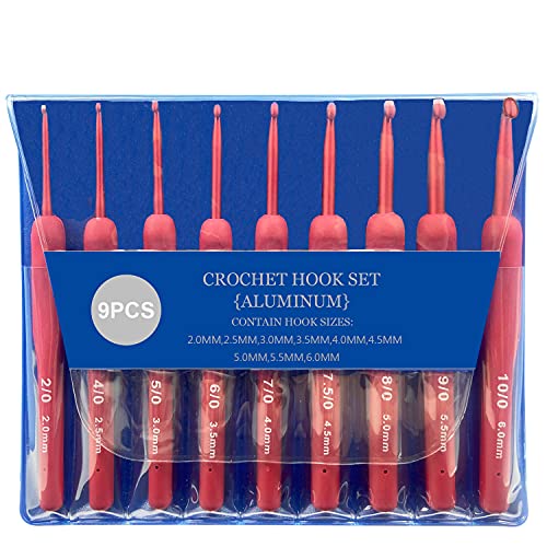 Ergonomic Crochet Hooks Set,Silicone Crochet Hook Knititng Needles for Arthritic Hands Premium Soft Grip Crochet Handles for Crocheting Yarn Craft Projects(2.0mm-6mm,Red)