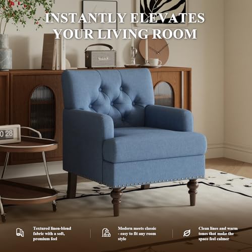 Image of MALOL Upholstered Accent Chairs Set of 2, Mid Century Modern Living Room Bedroom Reading Chair with Thick Cushion & Solid Rubberwood Legs, Comfy Armchair for Small Spaces, Blue