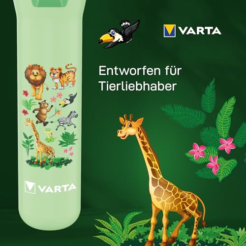 Varta Taschenlampe für Kinder inkl. 2x AA Batterien, Kids Leuchte, kleine Kindertaschenlampe Dschungel Design mit Tieren, Taschenleuchte, grün