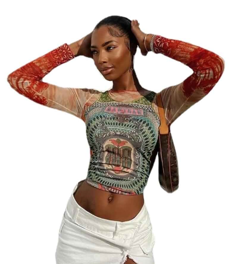 Women Long Sleeve Graphic Mesh See Streetwear T Shirts Tops Coquette Clothes Aesthetic Shirts Y2k Grunge Clothes Long Sleeve
