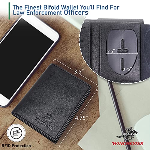 Winchester Police Badge Wallet Bifold RFID Full Grain Genuine Leather, Fits Any Shape Badge with a Pin Back, Black, Law Enforcement Officer Gifts