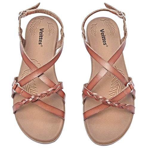 Veittes Sandalias Planas Casuales para Mujer, Correas Cruzadas Tejidas de Moda, Correas de Tobillo Ajustables, Sandalias de Verano con Punta Abierta.(2207023,LB/MF,44)
