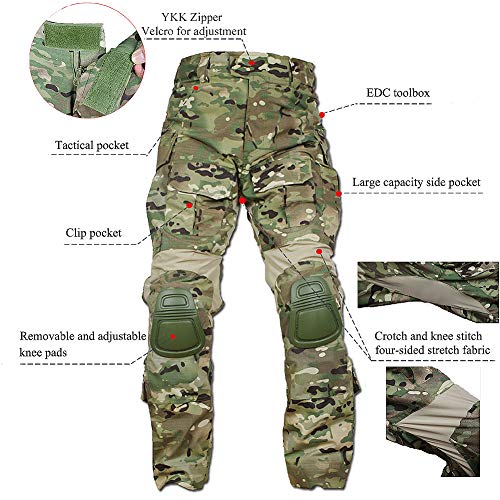 Men\'s Multicam Tactical Combat Pants with Knee Pads, Multi-Pockets Adjustable Elastic Outdoor Trousers for Airsoft Military Hunting (CP, Large) - Thumbnail 3