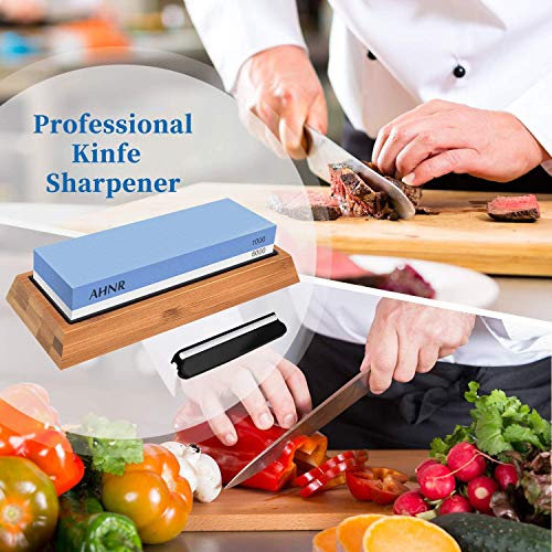 Whetstone Knife Sharpening Stone Dual Sided 1000/6000 Grit Waterstone, AHNR Premium Kitchen Knife Sharpener Whetstone Kit with NonSlip Bamboo Base & Angle Guide for Kitchen/Pocket Knives/Blades - Thumbnail 4