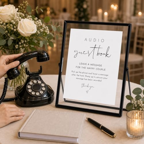 Image of Calculs Audio Guest Book Sign, Black 8x10 Floating Picture Frame | Double glass metal frame, fits 6x8 insert, audio guest book table, reusable tabletop frame for signs and photos