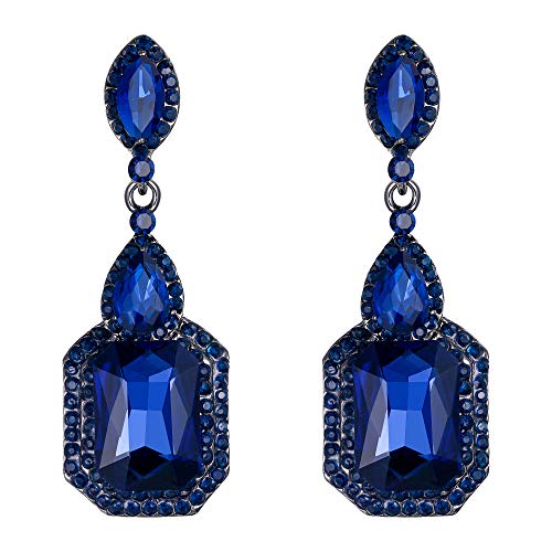 Clearine Damen Ohrclips Kristall Vintage Eelegant Kronleuchter ohne ohrlöcher Ohrringe für Hochzeit Braut Saphir-Blau Schwarz-Ton Cover