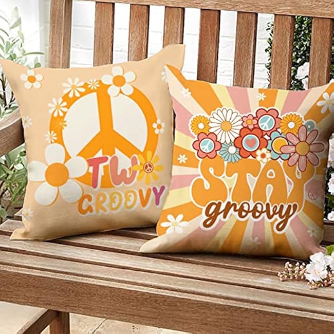 Whaline Groovy Hippie Boho Pillow Covers 18 x 18 Inch Retro Groovy Throw Pillow Cover Set of 4 Colorful Boho Daisy Flowers Linen Cushion Cover for Birthday Holiday Home Couch Sofa Decoration