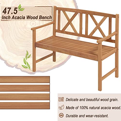 Image of Giantex Patio Garden Bench Loveseat - 2-Person Acacia Wood Bench with Armrest, Backrest, Sturdy Frame, 800lbs Capacity, Outside Park Bench for Patio, Yard, Front Porch, Outdoor Garden Bench, Natural