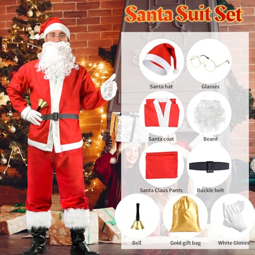 iZoeL Weihnachtsmann kostüm Herren Damen, Weihnachtsmann Bart Mütze Handschuhe Gürtel Weihnachtsmann Tasche Brille Weihnachtskostüm Accessories, Herren Damen Weihnachtsmann Anzug(L-XXL)