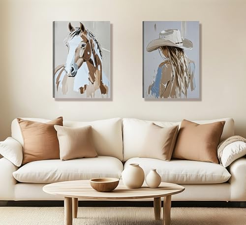 Image of 2pcs Framed Western Cowboy Girl Wall Art Oil painting style Cowboy Girl and Horse Canvas Print Poster Rustic Farmhouse Wall Decor for Living Room Bedroom Home Decoration