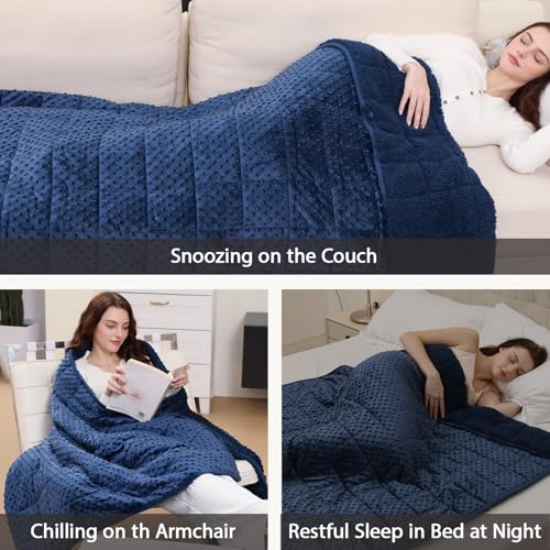 Image of Minky Dot Weighted Blanket for Adults Queen Size 15 lbs, Soft Cozy Heavy Blanket for Stress Relief and Sleep Promotion, Warm Blanket for Autumn Winter with Glass Beads, Navy Blue 60 x 80 inches