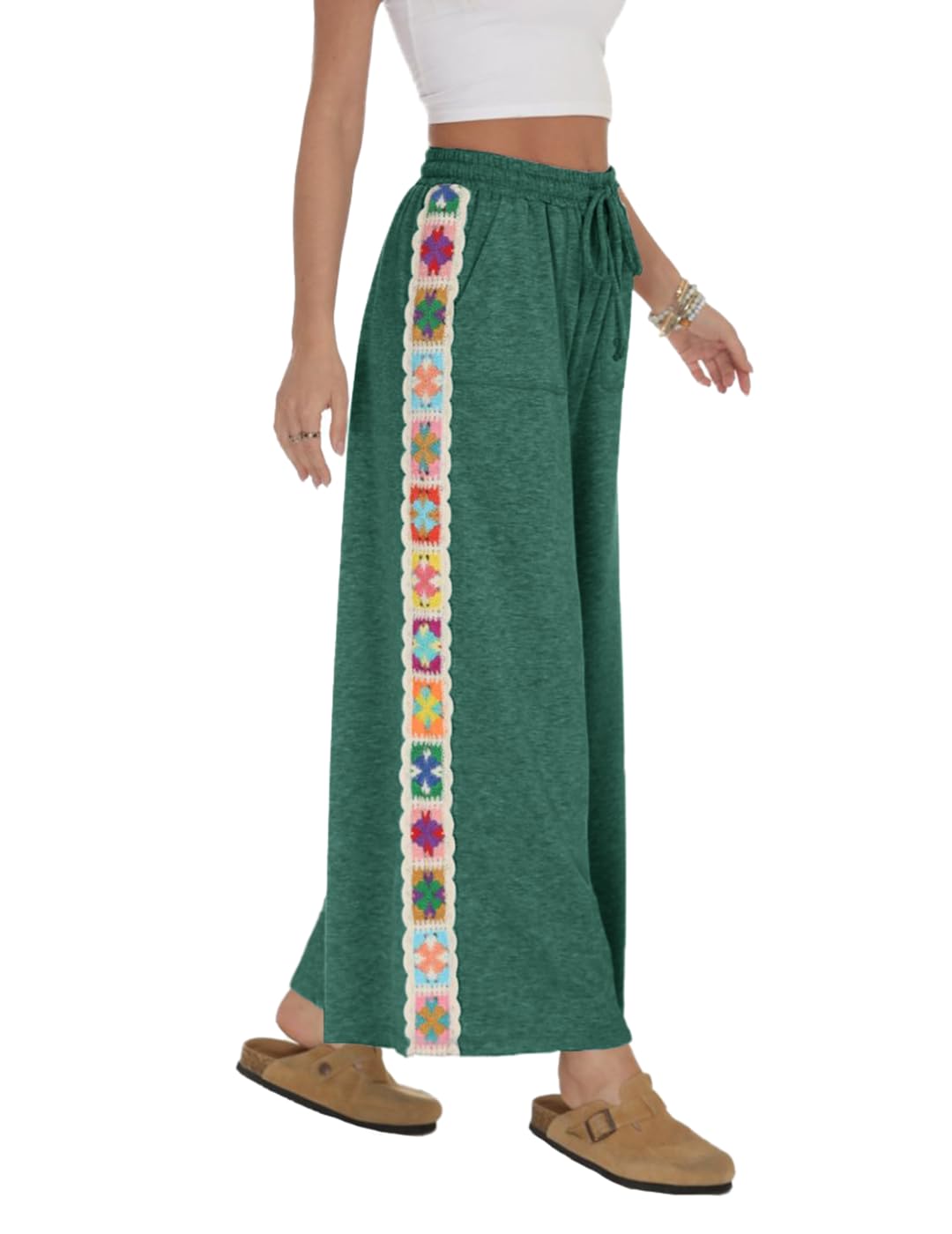 Womens Wide Leg Pants Stretch Casual Drawstring Waist Loose Lounge Sweatpants Crochet Panel Pant with Pocket