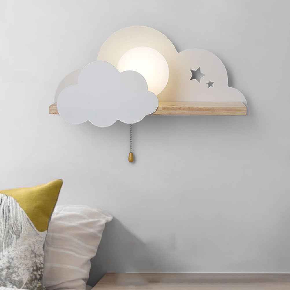 AoLa E27 Wandleuchte mit Schalter Wandlampe Innen Wolkenform mit Holzen Regal Kinder Wandbeleuchtung Weiß Modern Junge Mädchen Nachttischlampe für Babyzimmer Schlafzimmer Wohnzimmer