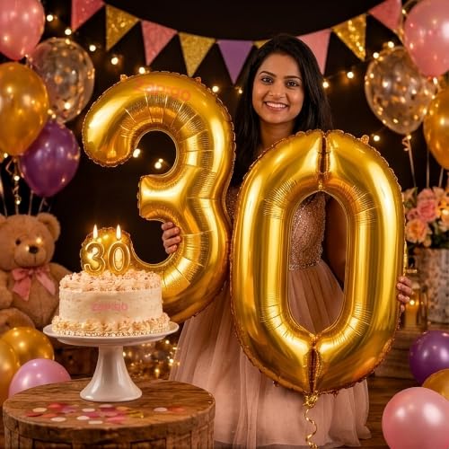 Image of Balloonistics Gold 40-Inch Foil Number 30 Balloon with Matching Number Candle - Combo Set for 30th Birthday, Anniversary, Party Decoration, Photo Booth Backdrop, Cake Table Decor
