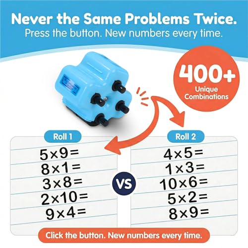 Image of GoldenEgg Math Teacher 4-in-1 Math Roller Stamp, Addition, Subtraction, Multiplication & Fill-in-The-Blank Practice Tool for Kids, Classroom & Home Use (Blue)