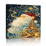 クリスマスツリーサンタクロースキャンバスウォールアートプリント冬のファンタジー星空ポスターウォールアート油絵スタイルリビングルームの壁の装飾38x38cmインナーフレーム