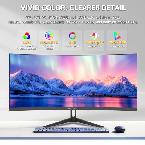 Image of CRUA 34 inch Ultrawide Curved Monitor, 21:9 UWQHD 3440x1440 100Hz 3800R IPS Computer Monitors with Built-in Speakers, FreeSync, 120% sRGB, 92% DCI-P3, Blue Light Filter, HDMI 2.0 & DP 1.4, Wall Mountable