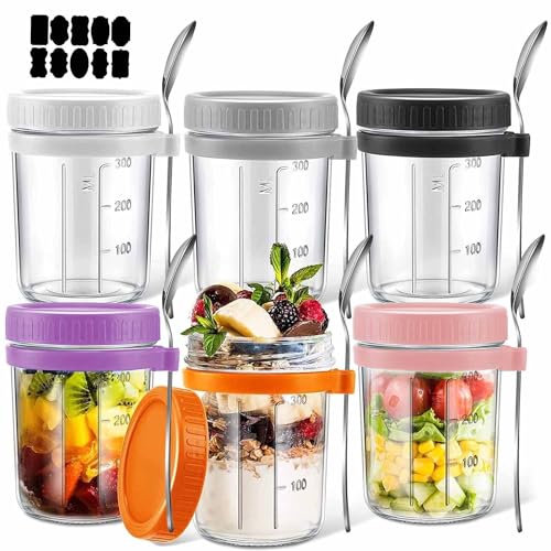 La Mejor Selección de Tazas de desayuno - los más vendidos. 43 Recipientes de Avena,6 pcs 350ML Tarros de Vidrio con Tapa Hermética y Cuchara, con etiquetas,Adecuado para granos, frutas, verduras, ensaladas de leche, comidas de yogur