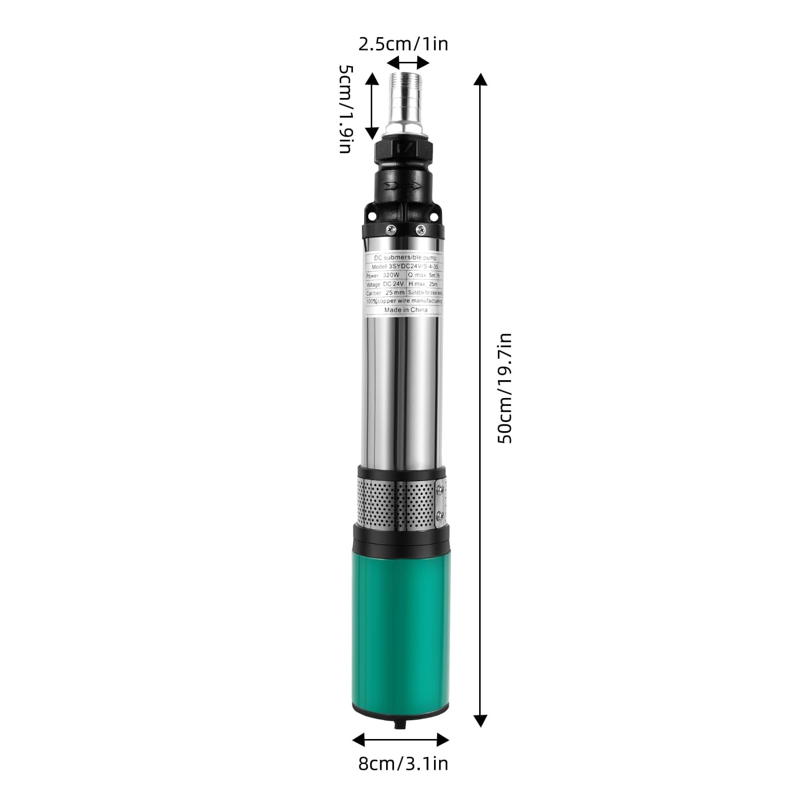 Pompe Immergée pour Puits Profond, 24V, 320W 3000L/H, Hauteur 25m, Pompe de Puits Submersible, IPX8, Câble 16m, pour Irrigation Agricole et Usage Domestique