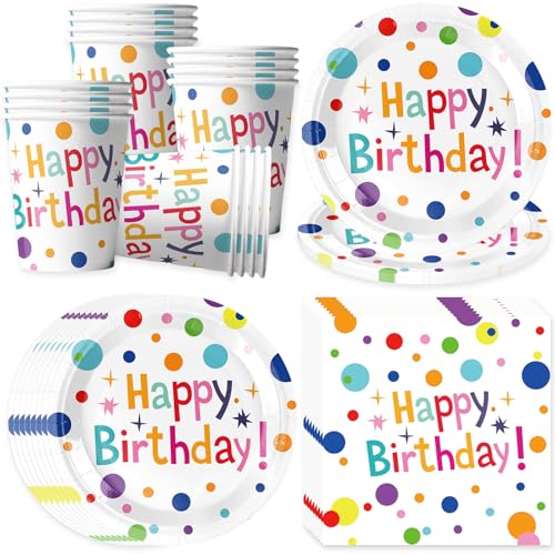 Bikasun Conjunto de louça colorida de festa de aniversário para 16 convidados, prato de festa de aniversário, louça descartável, pratos, copos, guardanapos, pratos de papel branco, para crianças