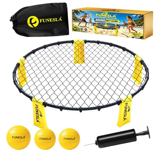 Funesla Roundnet Game Set - Outdoor Beach Volleyball Game Quick Setup Non-Slip Ball Game with Hidden Needle Air Pump Easy Assembly Portable Carry Bag for Beach Garden Lawn Park