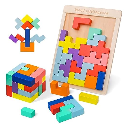 VORHOT Tetris Puzzle 3D Madera, Juego Rompecabezas con 30 Colorido Bloques Geométricos, Juguetes Montessori Niños 3 4 5 Años, Inteligencia Cerebro Jigsaw, Stem Educativo Regalo