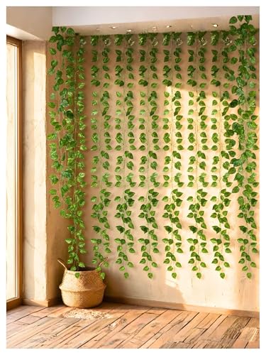 Image of Bombay Greens Artificial Money Plant Vine | Realistic Money Plant Creeper for Wall Hanging, Door, Balcony & Home Office Decor | Artificial Green Hanging Vines for Decoration & Festival - Set of 12