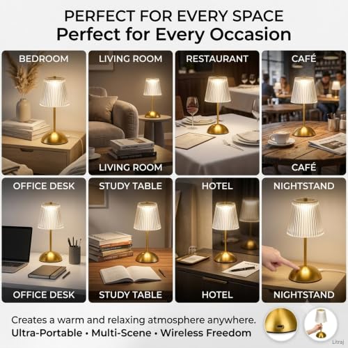 Image of Cordless LED Table Lamp with Touch Control | 3-Level Dimmable Light | Crystal Acrylic | Portable USB Charging Metal Bedside Desk Lamp for Bedroom, Living Room, Office & Home Decor (Golden)