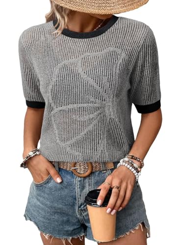 Image of Dokotoo Womens Summer Short Sleeve Crochet Tops Hollow Out Floral Sweaters Beach Vacation Cruise Outfits